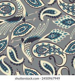 Patrón sin costuras de Vector Paisley con pájaros. Ilustración de tela estilo damasco