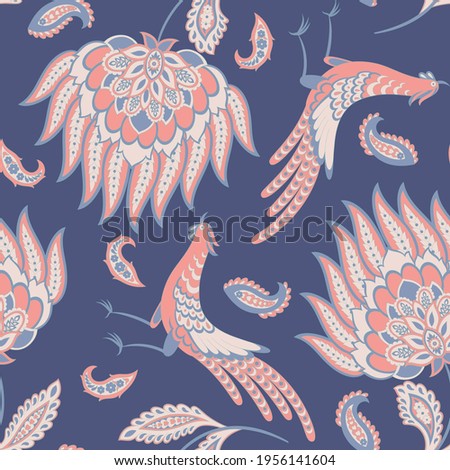 Paisley vector seamless pattern with Birds. Damask style fabric illustration