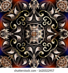 Paisley vector seamless pattern. Colorful ornamental ethnic background. Lacy glowing repeat backdrop. Vintage paisley flowers, swirl lines, shapes. Abstract decorative ornate design. Floral ornaments.