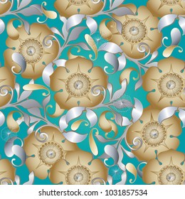 Paisley vector seamless pattern. Ethnic floral turquoise background with vintage oriental gold silver paisley flowers, swirls, line art tracery rich ornaments. Ornate design for fabric, wallpapers