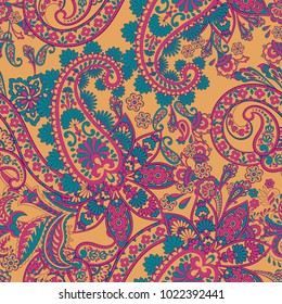 Paisley vector seamless pattern. Fantastic flower, leaves. Batik style painting. Vintage background