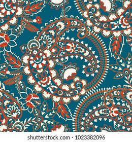 Paisley vector seamless pattern. Fantastic flower, leaves. Batik style painting. Vintage background