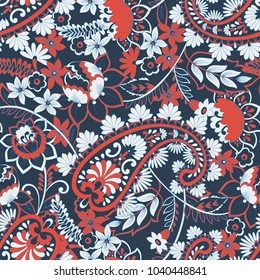 Paisley vector seamless pattern. Fantastic flower, leaves. Textile bohemian print. Batik painting. Vintage