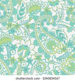 Paisley vector seamless pattern. Fantastic flower, leaves. Textile bohemian print. Batik painting. Vintage