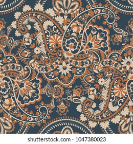 Paisley vector seamless pattern. Fantastic flower, leaves. Textile bohemian print. Batik painting. Vintage