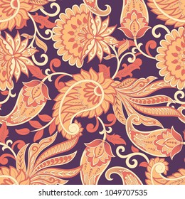 Paisley vector seamless pattern. Fantastic flower, leaves. Batik painting. Vintage
