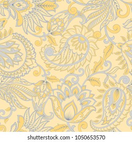Paisley vector seamless pattern. Fantastic flower, leaves. Textile bohemian print. Batik painting. Vintage