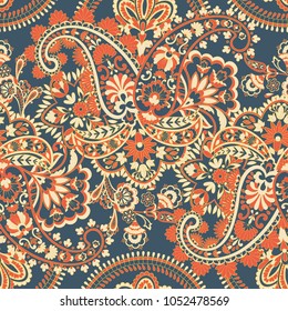 Paisley vector seamless pattern. Fantastic flower, leaves. Textile bohemian print. Batik painting. Vintage