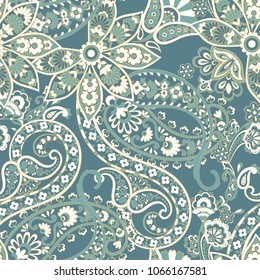 Paisley vector seamless pattern. Fantastic flower, leaves. Textile bohemian print.