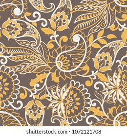 Paisley vector seamless pattern. Fantastic flower, leaves. Batik painting. Vintage