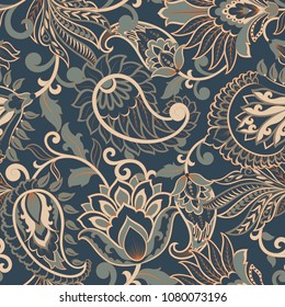 Paisley vector seamless pattern. Fantastic flower, leaves. Textile bohemian print. Batik painting. Vintage
