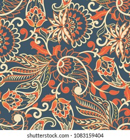 Paisley vector seamless pattern. Fantastic flower, leaves. Batik painting. Vintage