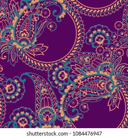 Paisley vector seamless pattern. Fantastic flower, leaves. Batik style painting. Vintage background