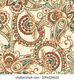 Paisley vector seamless pattern. Fantastic flower, leaves. Textile bohemian print. Batik painting. Vintage