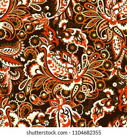 Paisley vector seamless pattern. Fantastic flower, leaves. Textile bohemian print. Batik painting. Vintage