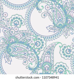 Paisley vector seamless pattern. Fantastic flower, leaves. Batik style painting. Vintage background