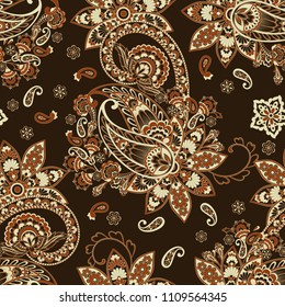 Paisley vector seamless pattern. Fantastic flower, leaves. Textile bohemian print. Batik painting. Vintage