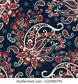 Paisley vector seamless pattern. Fantastic flower, leaves. Textile bohemian print. Batik painting. 