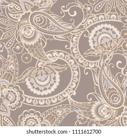 Paisley vector seamless pattern. Fantastic flower, leaves. Textile bohemian print. Batik painting. Vintage