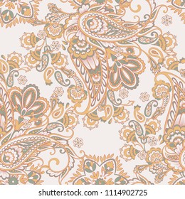 Paisley vector seamless pattern. Fantastic flower, leaves. Batik style painting. Vintage background