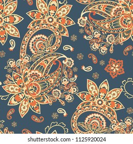 Paisley vector seamless pattern. Fantastic flower, leaves. Textile bohemian print. Batik painting. Vintage