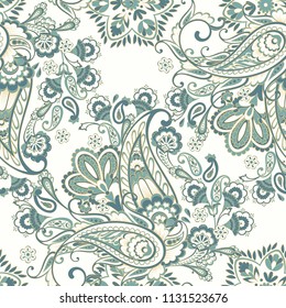 Paisley vector seamless pattern. Fantastic flower, leaves. Batik style painting. Vintage background