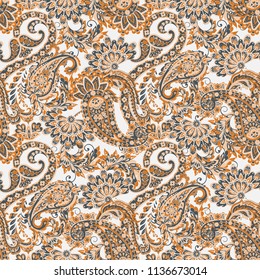 Paisley vector seamless pattern. Fantastic flower, leaves. Batik style painting. Vintage background