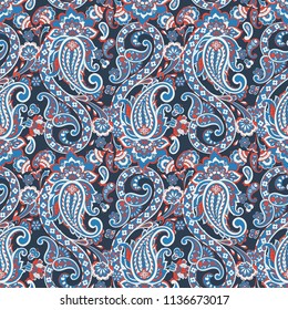 Paisley vector seamless pattern. Fantastic flower, leaves. Batik style painting. Vintage background