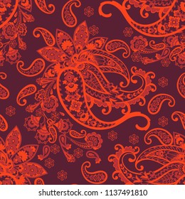 Paisley vector seamless pattern. Fantastic flower, leaves. Textile bohemian print. Batik painting. 