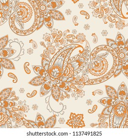 Paisley vector seamless pattern. Fantastic flower, leaves. Textile bohemian print. Batik painting. Vintage