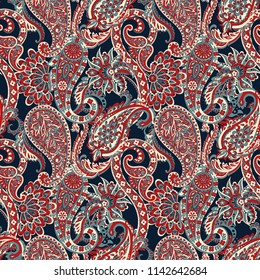 Paisley vector seamless pattern. Fantastic flower, leaves. Textile bohemian print. Batik painting. Vintage