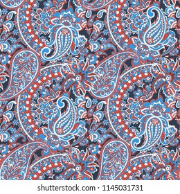 Paisley vector seamless pattern. Fantastic flower, leaves. Textile bohemian print. Batik painting. Vintage