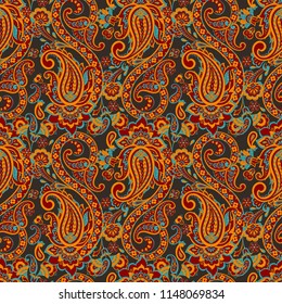 Paisley vector seamless pattern. Fantastic flower, leaves. Batik style painting. Vintage background