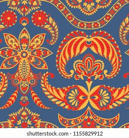 Paisley vector seamless pattern. Fantastic flower, leaves. Textile bohemian print. Batik painting. Vintage