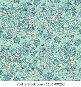 Paisley vector seamless pattern. Fantastic flower, leaves. Textile bohemian print. Batik painting. Vintage