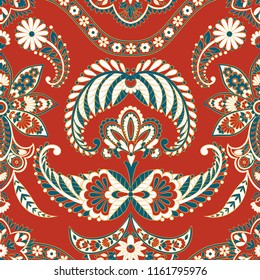 Paisley vector seamless pattern. Fantastic flower, leaves. Textile bohemian print. Batik painting. Vintage