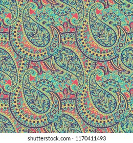 Paisley vector seamless pattern. Fantastic flower, leaves. Textile bohemian print. Batik painting. Vintage