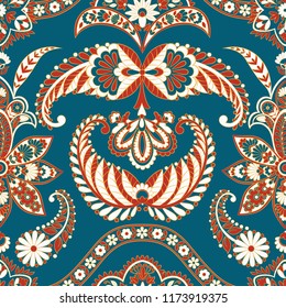 Paisley vector seamless pattern. Fantastic flower, leaves. Textile bohemian print. Batik painting. Vintage