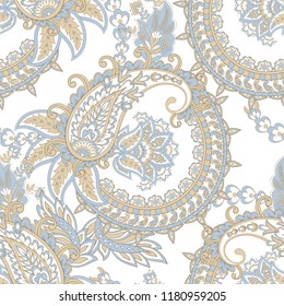 Paisley vector seamless pattern. Fantastic flower, leaves. Batik style painting. Vintage background