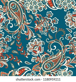 Paisley vector seamless pattern. Fantastic flower, leaves. Textile bohemian print. Batik painting. Vintage