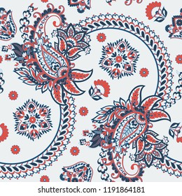 Paisley vector seamless pattern. Fantastic flower, leaves. Textile bohemian print. Batik painting. Vintage