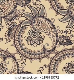 Paisley vector seamless pattern. Fantastic flower, leaves. Batik style painting. Vintage background