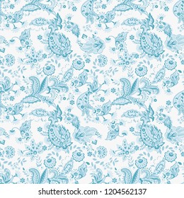 Paisley vector seamless pattern. Fantastic flower, leaves. Batik style painting. Vintage background