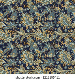 Paisley vector seamless pattern. Fantastic flower, leaves. Textile bohemian print. Batik painting. Vintage