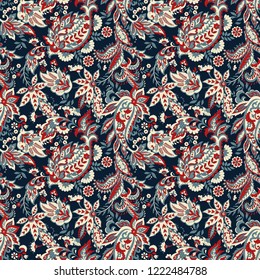 Paisley vector seamless pattern. Fantastic flower, leaves. Textile bohemian print. Batik painting. Vintage