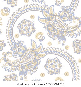 Paisley vector seamless pattern. Fantastic flower, leaves. Textile bohemian print. Batik painting. Vintage