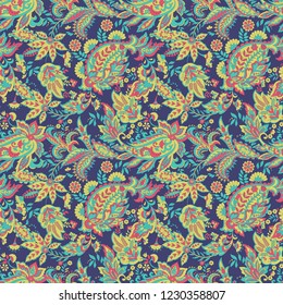 Paisley vector seamless pattern. Fantastic flower, leaves. Textile bohemian print. Batik painting. Vintage