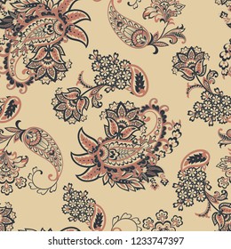 Paisley vector seamless pattern. Fantastic flower, leaves. Batik style painting. Vintage background