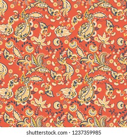 Paisley vector seamless pattern. Fantastic flower, leaves. Batik style painting. Vintage background