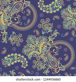 Paisley vector seamless pattern. Fantastic flower, leaves. Batik style painting. Vintage background